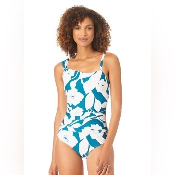 ANNE COLE Asymmetric Floral-Print One-Piece Swimsuit swimwear New TEPT size 10 - Picture 4 of 16